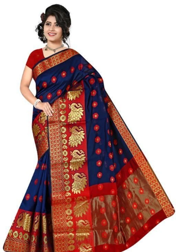 Jacquard Work Banarsi Cotton Silk Saree With Blouse Piece - Free Size, Blue, Banarasi Cotton, Pack of1